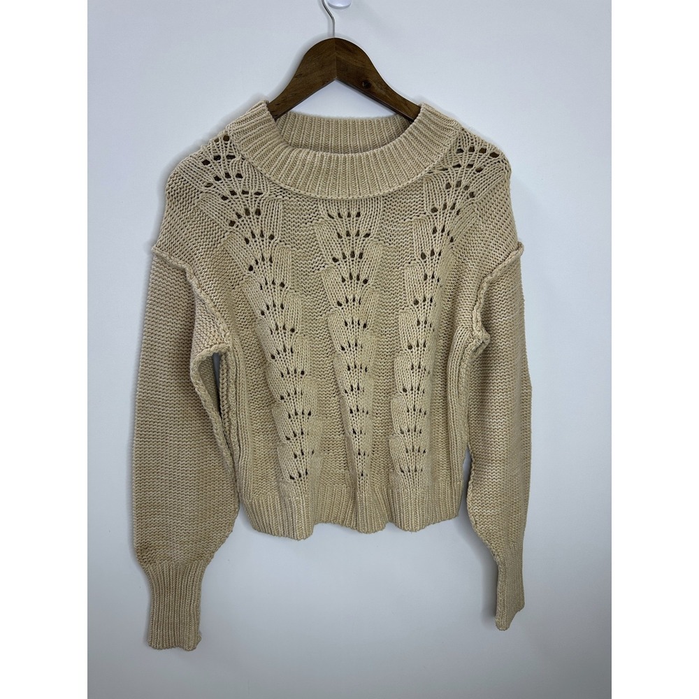 Free People Cropped Pullover Sweater Bell Song Crew Neck Open Knit Tan Small - Picture 2 of 15